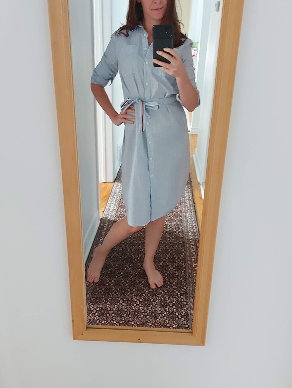 Tommy Hilfiger Light Blue Striped Shirt Dress with Red-White-Blue Tie